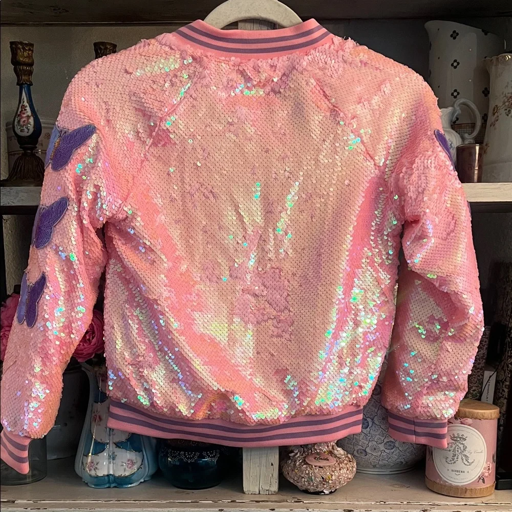 Pink Sequin Jacket with Butterfly Patches custom made by 3 wildflower designs !! - Picture 9 of 13